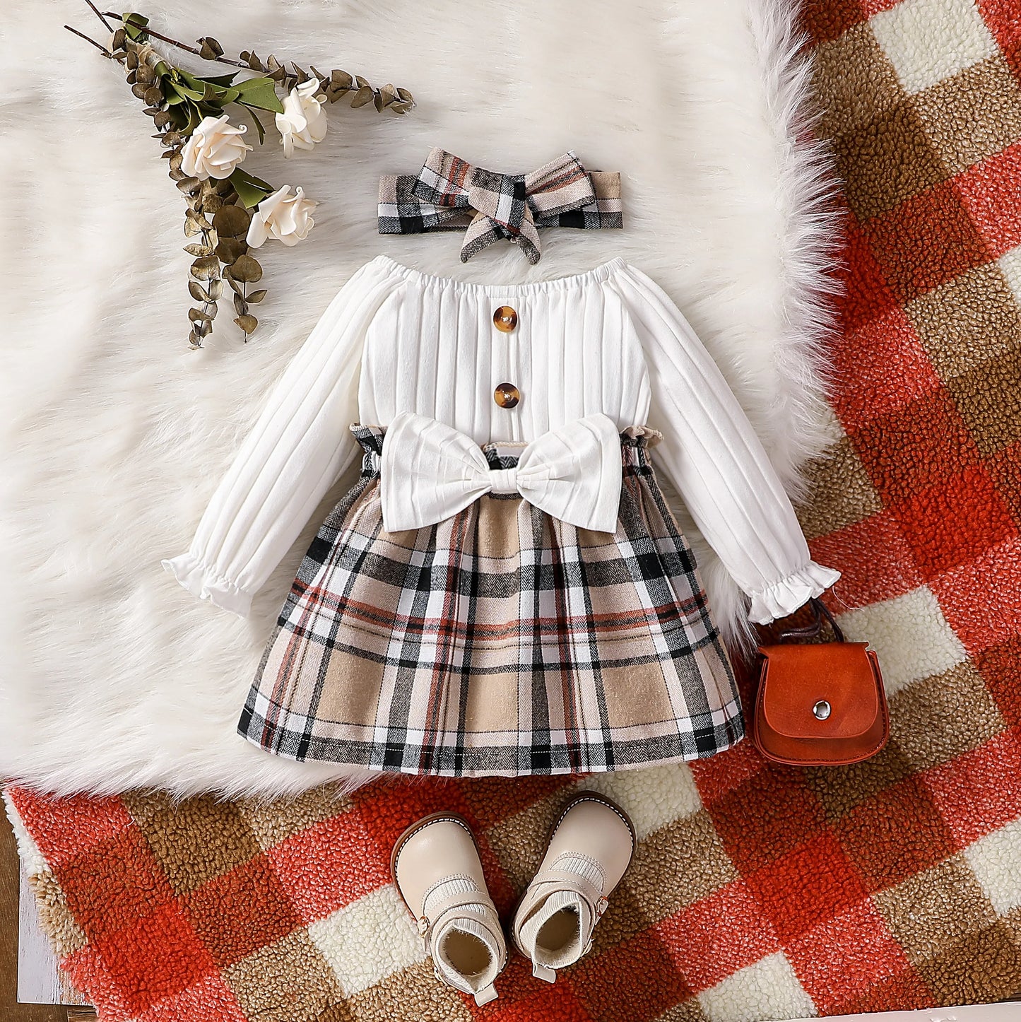 Baby Girls Summer Long Sleeve With Button Plaid For Preppy Style Party Dress