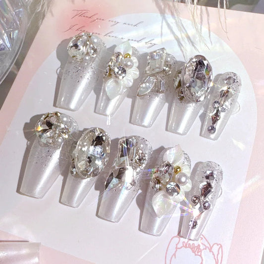 24pcs Luxury Mid-Long Ballet False Nails Set Glittering Rhinestone+Handmade Flowers Press-on Fake Nail Glossy Patch For Bridal