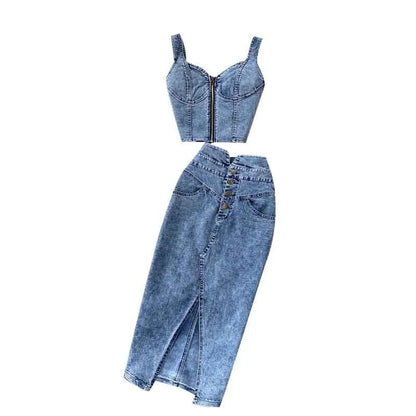 denim 2 piece set women korean outfits summer top and skirt two piece set Sexy elegant 2025 fashion midi skirt new in matching