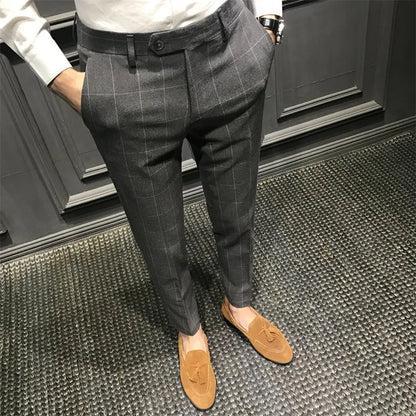 Spring Plaid Casual Trousers For Men Slim Fit Korean Style Cropped Pants Trendy Suit Pants Man's Slacks Fashionable Shorts