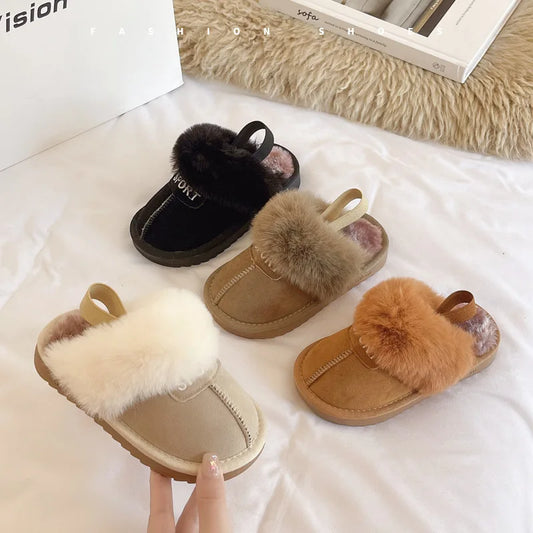 Winter Kids Fur Slippers Korean Elastic Band Girls Cotton Shoes