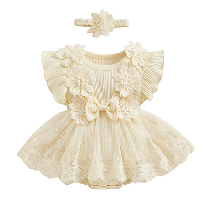 Infant Baby Girl Lace Romper Baby Tulle Dress Romper Flowers Bodysuit Spring Summer Festival Clothes with Headband