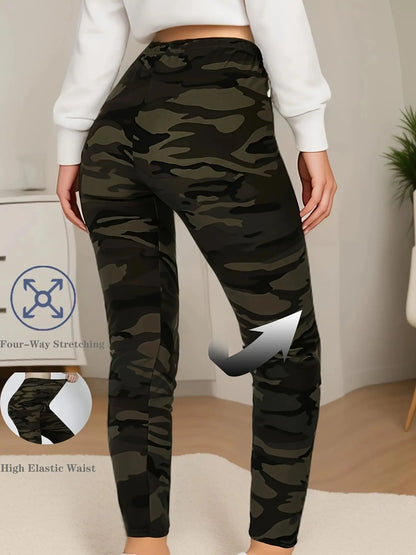 CUHAKCI Women's Plus Size Super Elastic Leggings Military Green Camouflage Soft Sports Outerwear Tight Cropped Pants