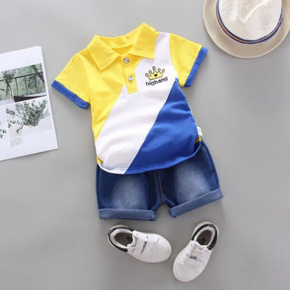 Boys Summer Shorts Set Lapel Patchwork Crown Short Sleeve Denim Shorts Two-Piece Set 0-6 Years Old Boys Children's Sets