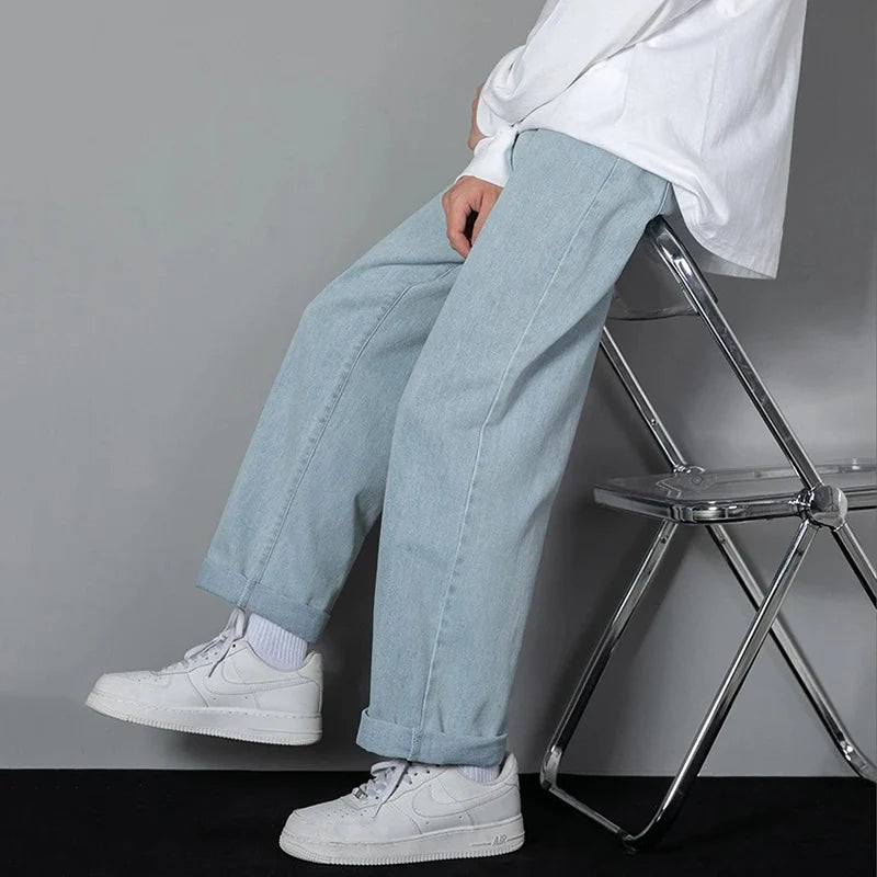 Men Simple Straight Leg Casual Jeans Male Baggy Korean Streetwear Denim Pants Basic Youth Popular Daily Wide Leg Denim Trousers