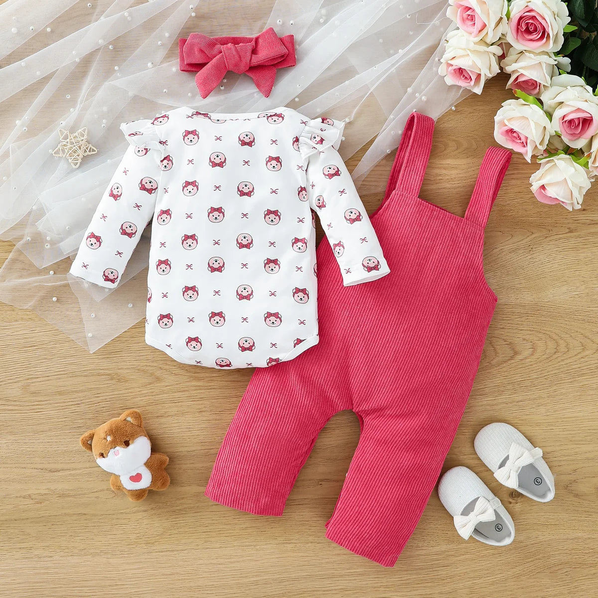 hibobi 3pcs Baby Girl Cartoon Bear Onesie Set, Pink Overalls, Long Sleeve Printed Top, Bow Headband, Spring And Autumn Wear