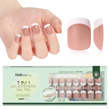 NAILPOP 150PCS Short Coffin Press on Nails 3 in 1 Coat Soft Gel Nail Tips French Tip Press on Nails 15 Sizes of Nail Art DIY