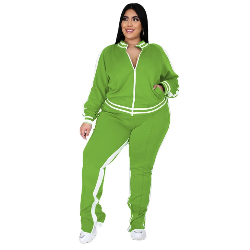 Plus Size L-5XL Two Piece Set Women Sweatsuit Zip Striped Top Slit Sweatpants Jogger Outfit Matching Set Wholesale Dropshipping