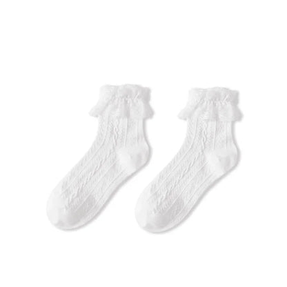 Woman Socks Solid Black White Lolita Lacework Ruffle Socks Summer Thin Japanese Style Kawaii Sweet Girls Cute Short Socks Women