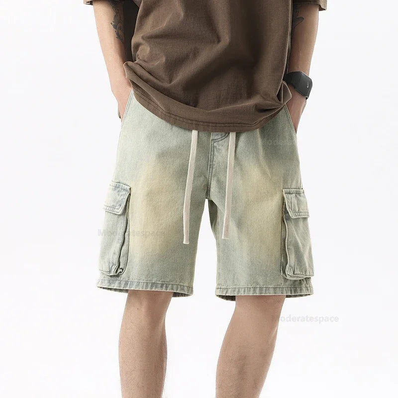 Summer Retro Fashion Denim Shorts for Men Loose Straight Leg Multi-pocket Short Jeans With Elastic Waist and Drawstring Male