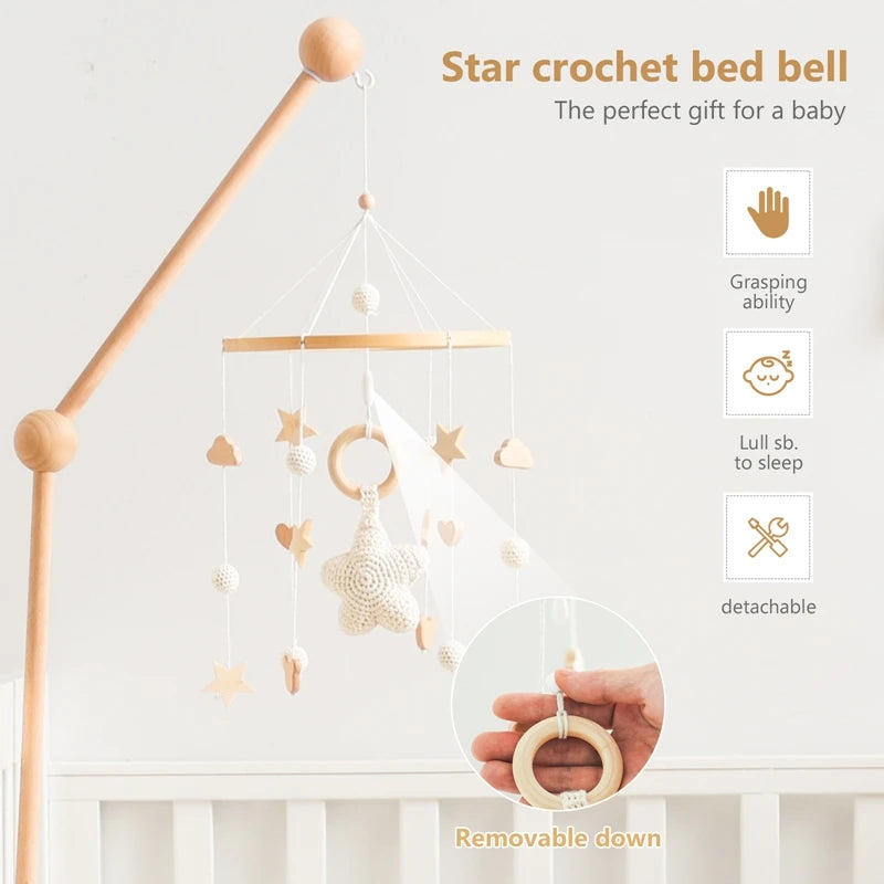 Baby Crib Mobile Bed Bell Rattle Toys Wooden Crochet Stars Pendant Bed Bell Toys Newborn Comfort Crib Bracket Hanging Toys Gifts