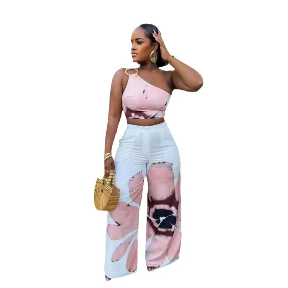 Women Set Floral Print Sleeveless Skew Collar Tops +Wide Leg Pants 2025 Summer