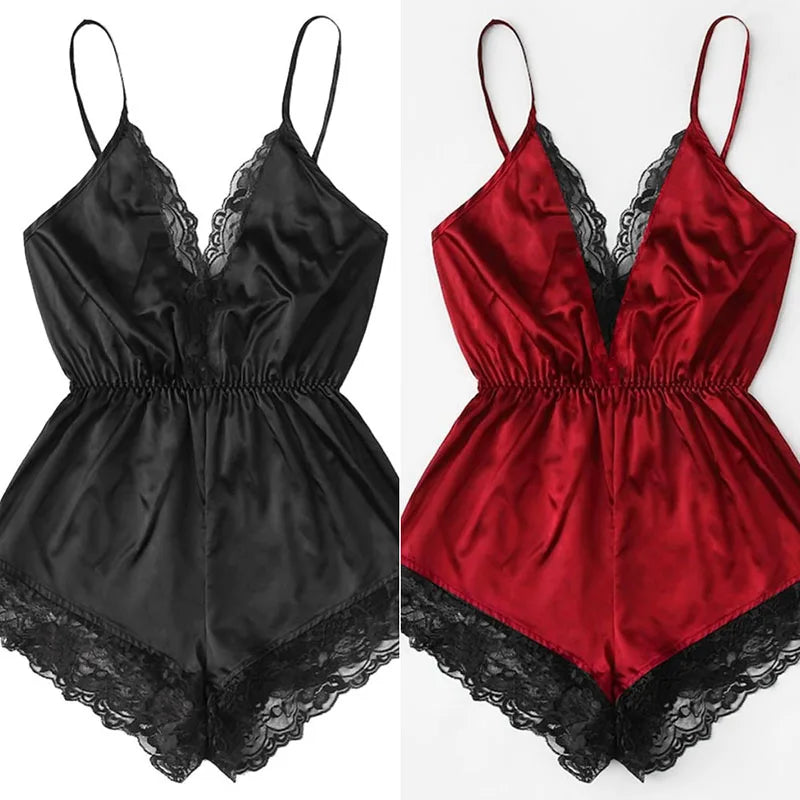 Sexy Lace Halter Oil Shiny Cloth Black Jumpsuit Fashionable and Comfortable Lace Lace Pyjamas Erotic Lingerie