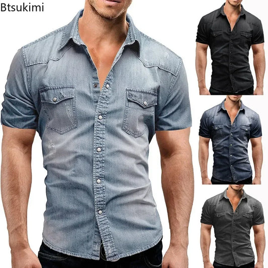 New 2025 Men's Denim Shirt Fashion Short Sleeve Soft Solid Slim Cowboy Tops Men Trend Streetwear Vintage Casual Cardigan T-shirt