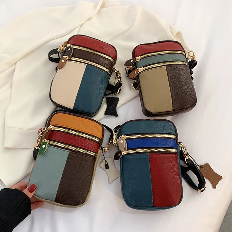 New Fashion Soft Leather Women Shoulder Bag Multi Zipper Soft Cowhide Girls Small Mobile Phone Bag Color Stitching Color Random