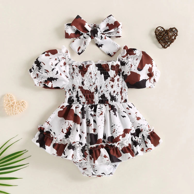 FOCUSNORM 0-24M Baby Girls Cute Romper Dress Set Short Sleeve Off-shoulder Cow Printed Jumpsuits with Headband for Toddlers