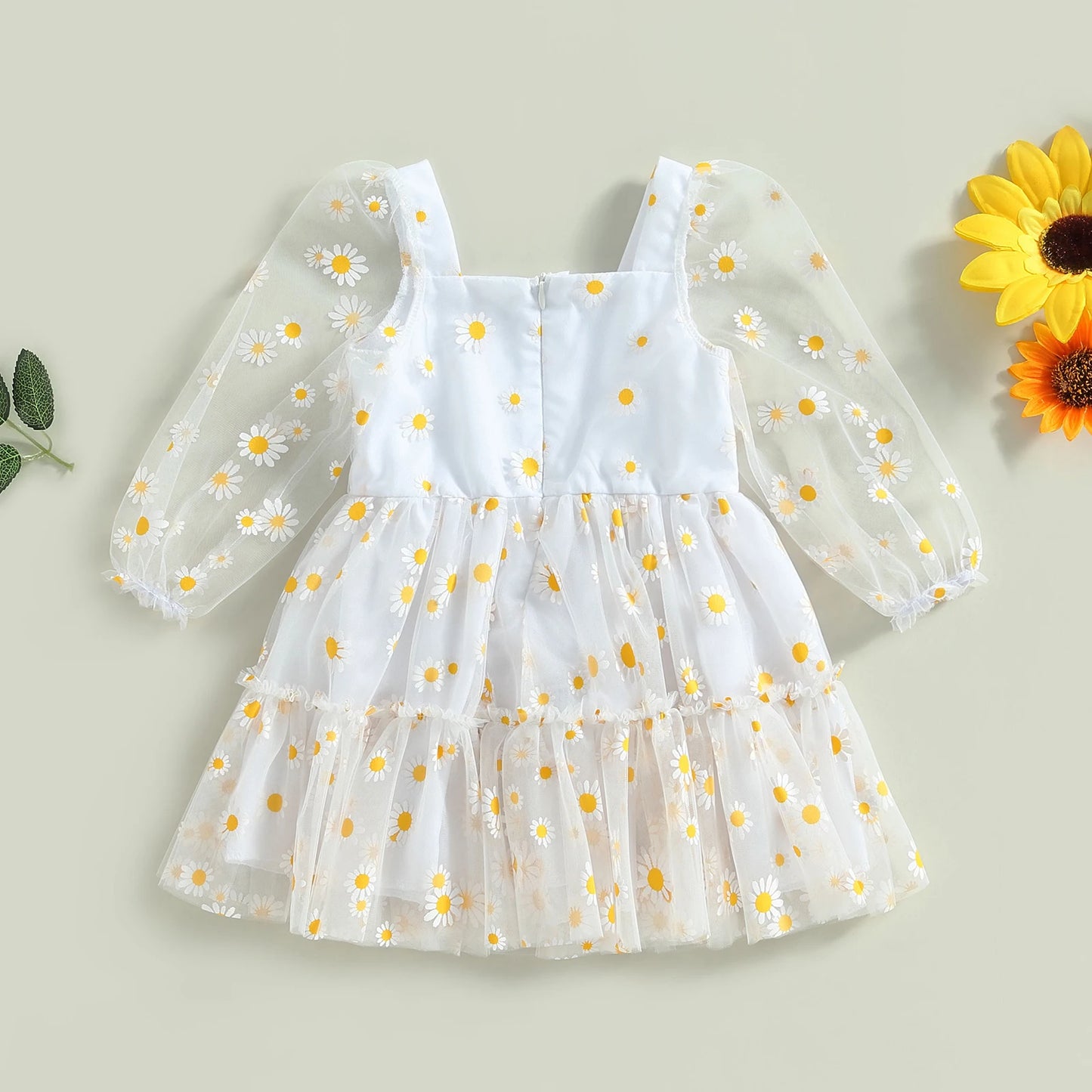 Pudcoco Infant Baby Girl Princess A-Line Dress Elegant Daisy Print Long Sleeves Mesh Tulle Party Dress for Toddler 3M-3T