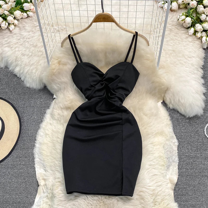 Sexy Spaghetti Strap Dress Women's Side Slit Hip Wrap Mini Dress