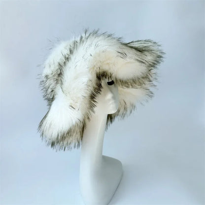 Fur bucket hat and bag set Women's warm plush autumn and winter hat Punk style imitation raccoon fur basin hat and handbag