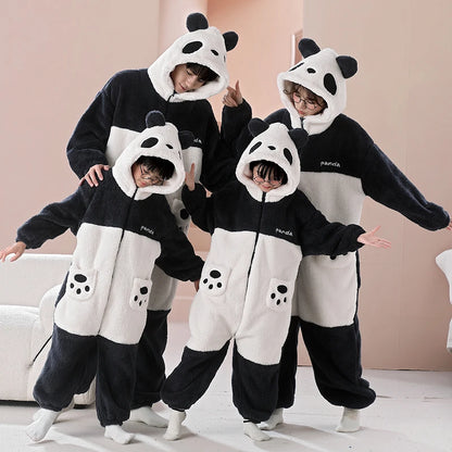 Parent-Child Outfit Pijamas Jumpsuits Kawaii Cartoon Panda Women Men Sleepwear Hoodies Winter Thicken Pajamas Onesie Pyjamas