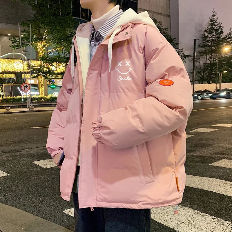 Men's new winter Hong Kong style coat, cotton-padded jacket, trendy brand thickened hooded cotton coat, loose bread coat for men