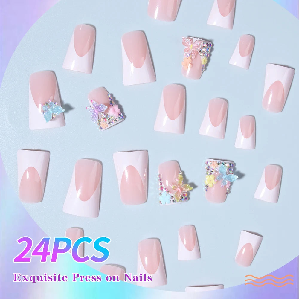 24pcs medium fake nail white French duck feet, colorful 3d butterfly flowers design, full cover press on nail，suitable for women