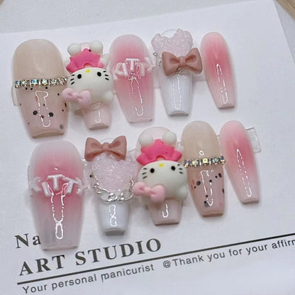 10Pcs Handmade Press on Nails Pink Hellokitty Charm Love Bow Decorated Fake Nail Patch Finished Fingernails Tips Manicure Art