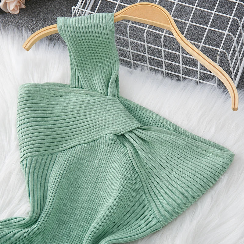 One-Shoulder Knitted Party Dress Women Sleeveless Knot Bodycon Dress