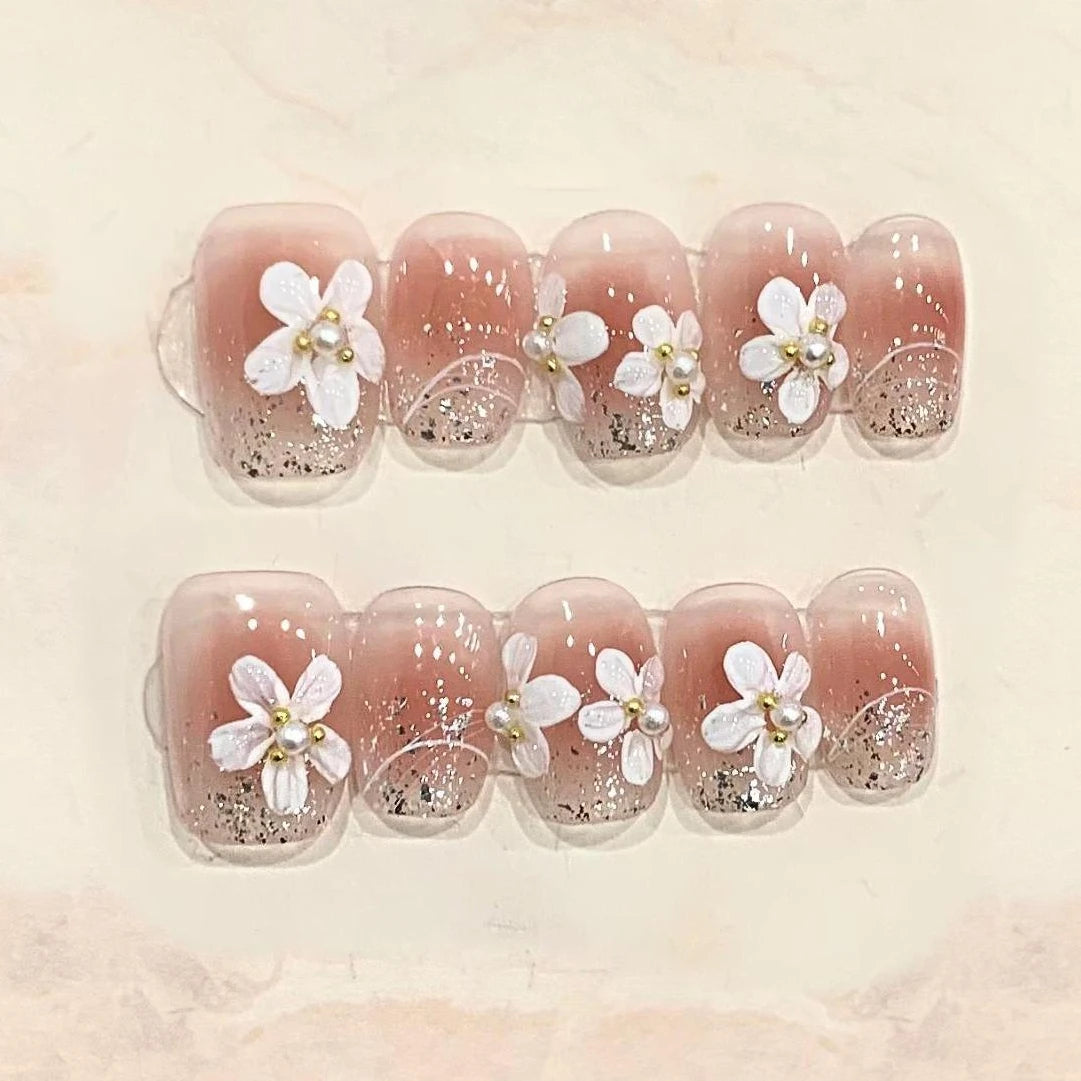 10Pcs Short Round Handmade Press On Nails Full Cover Peach Pink Summer Design Cute False Nails Artificial Manicure False Nails