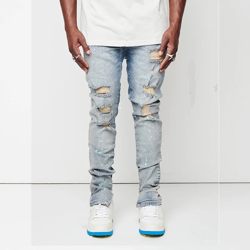 Men's Jeans Slim Cut Hole Leggings Pencil Pants New Men's Painted Jeans Streetwear Men Trousers Full Length Denim Pants