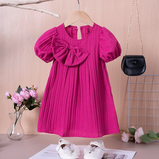 New Girl Dress Solid Color Bubble Sleeve Dress Cute Bow Party Dress Daily Casual Summer Clothing