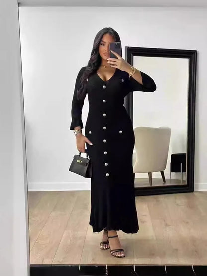 Elegant Knitted Long Single Breasted Bodycon Dress