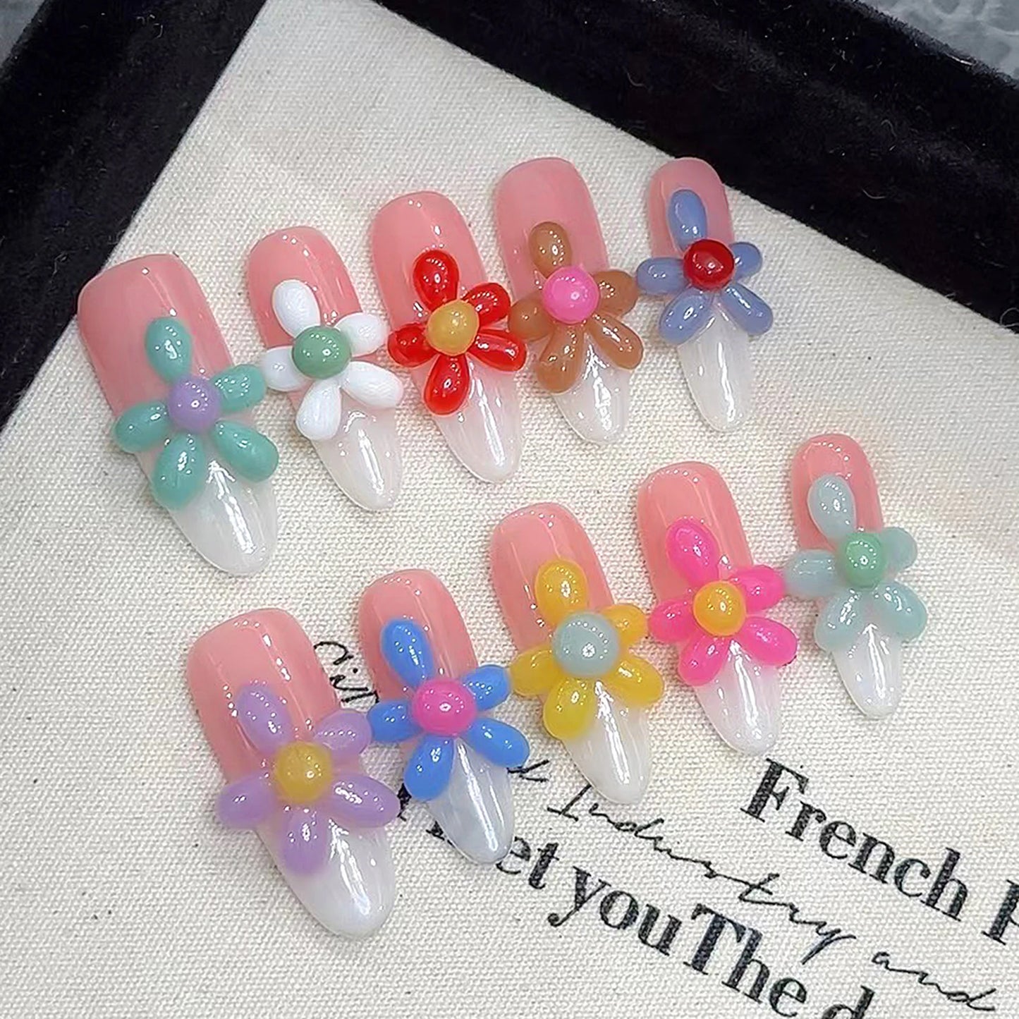 10pcs Handmade Press On Nails Black Pink French Style False Nails With Hand Painted 3D Flower Designs Short T Summer Nails Tips