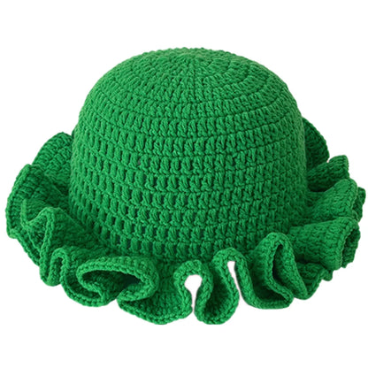 Handmade Crochet Knitted Hats Women Girl Crochet Scallop Ruffle Edge Knit Bucket Caps Adult Trendy Rainbow Striped Beach Sun Hat