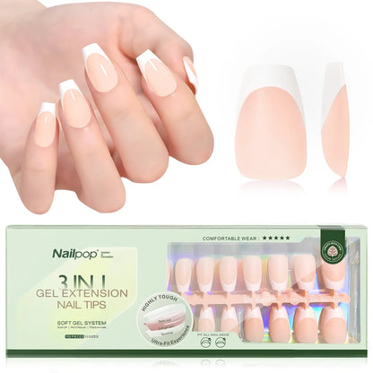 NAILPOP 150PCS Short Coffin Press on Nails 3 in 1 Coat Soft Gel Nail Tips French Tip Press on Nails 15 Sizes of Nail Art DIY