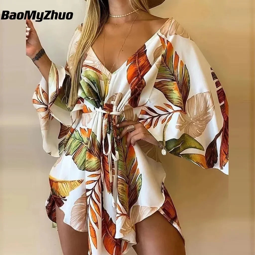 New Summer Beach Elegant Women Dresses Sexy V Neck Lace-up Floral Print Mini