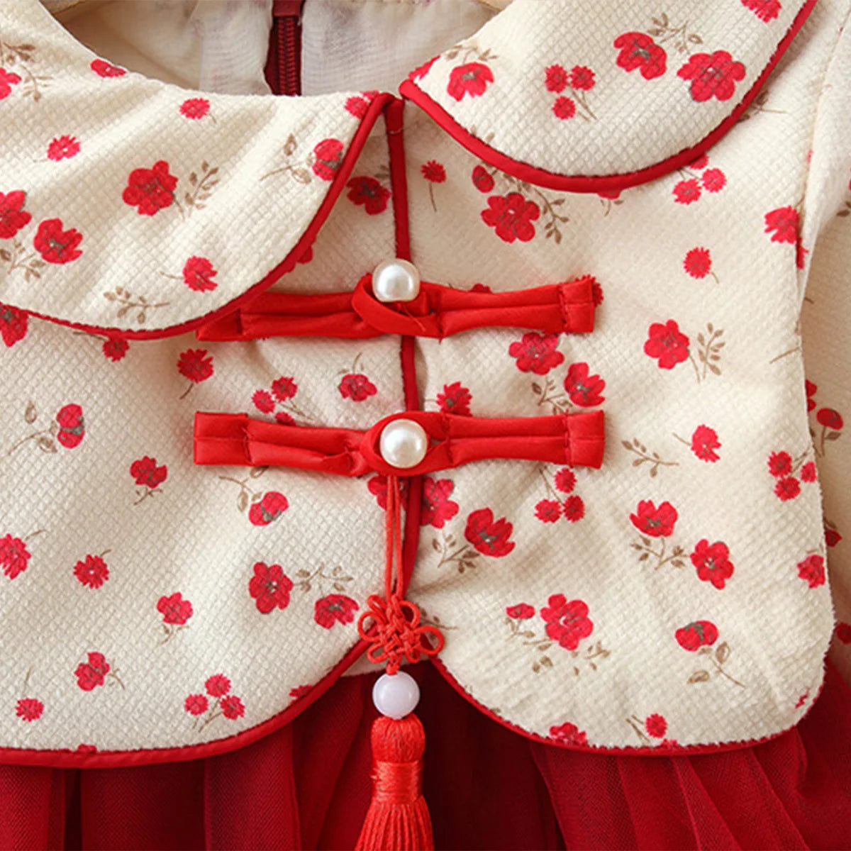 Spring and Autumn New Girl Princess Dress Red Chinese Style Small Flower Flip Collar Buckle Dress