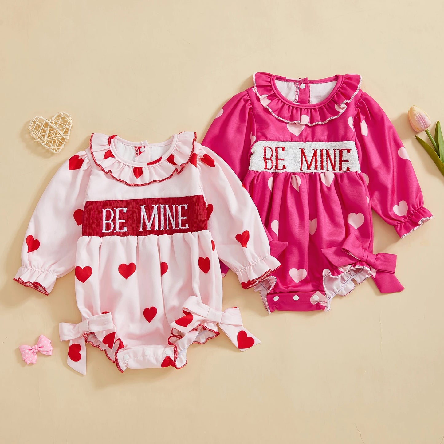 FOCUSNORM 0-24M Lovely Baby Girls Valentine’s Day Romper Long Sleeve Doll Collar Letter Embroidery Heart Print Bow Jumpsuits