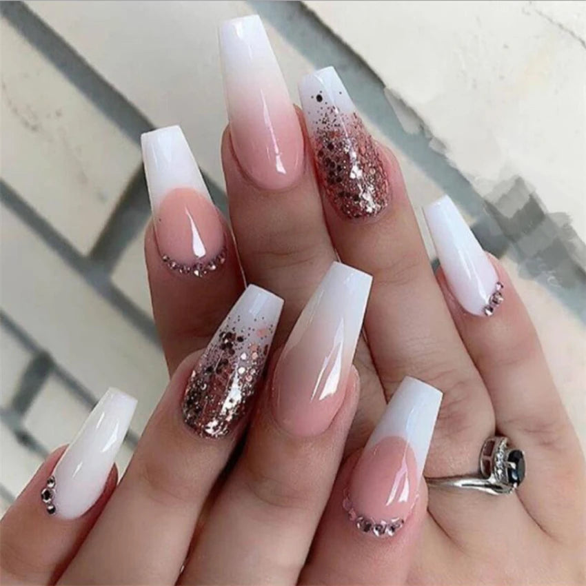 24Pcs Short Square Nude Fake Nails Art White Edge Glossy Artificial French False Nails Removable Full Cover Press on Nail Tips