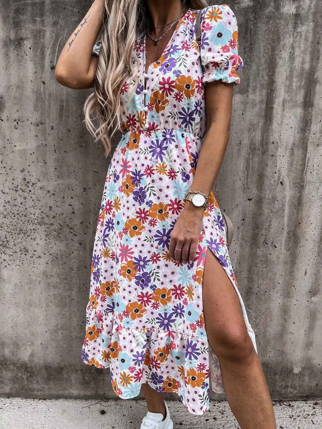 Summer Floral Print Dress Women V Neck Side Slit Long Dress Elegant Short Sleeve Button Slim Spring Female Party Dress Vestidos