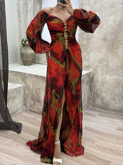 2024 V-Neck Sexy Split Maxi Dress, Spring Autumn Loungewear Fashion Party Dress, Long Sleeve Folds Printing Ladies Holiday Dress