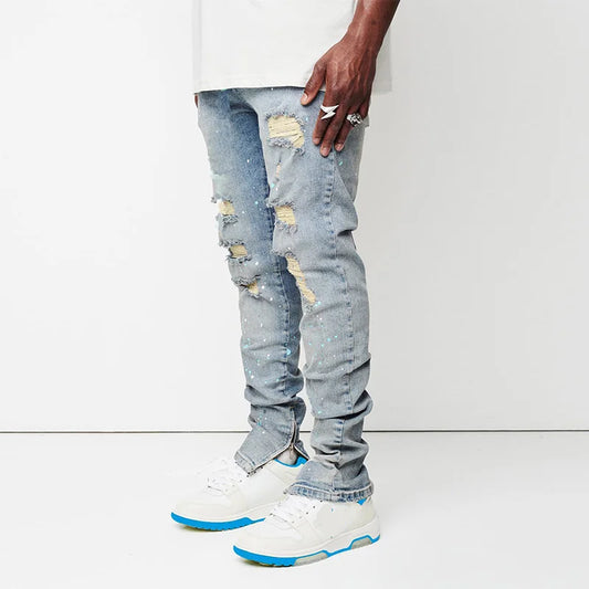 Men's Jeans Slim Cut Hole Leggings Pencil Pants New Men's Painted Jeans Streetwear Men Trousers Full Length Denim Pants