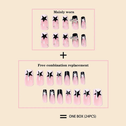 24Pcs Long Square Black French sparkling diamond star pendant Press on Nail