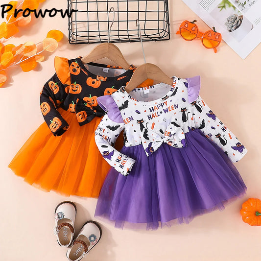 Prowow Baby Girl Halloween Dresses Long Sleeve Orange Pumpkin Dress For Girls Toddler Halloween Costume Festival Party Dress