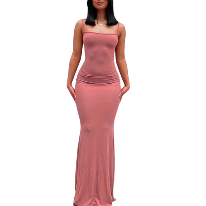 Sexy Bodycon Long Dress Solid Color Spaghetti Strap