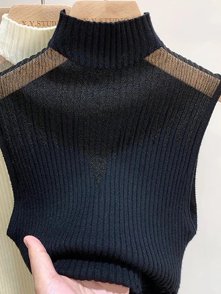 Mesh Knitted Top Half Neck Vest Sleeveless Sweater