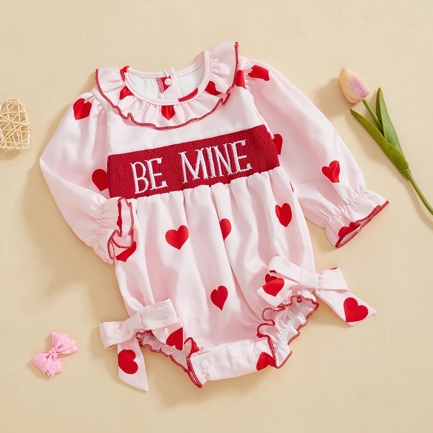 FOCUSNORM 0-24M Lovely Baby Girls Valentine’s Day Romper Long Sleeve Doll Collar Letter Embroidery Heart Print Bow Jumpsuits