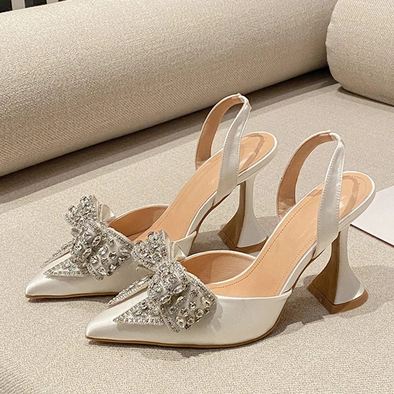 Liyke Fashion Sequined Crystal Bowknot Women Pumps Sexy Pointed Toe Red High Heels Wedding Banquet Shoes Ladies Slingback Sandal