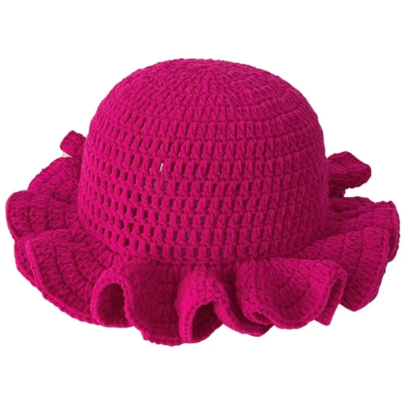 Handmade Crochet Knitted Hats Women Girl Crochet Scallop Ruffle Edge Knit Bucket Caps Adult Trendy Rainbow Striped Beach Sun Hat