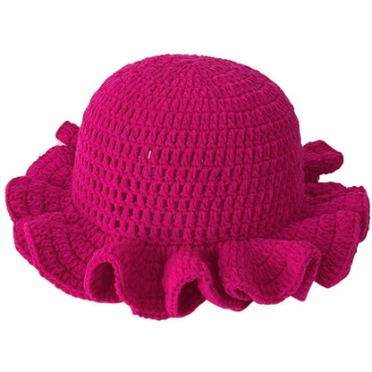 Handmade Crochet Knitted Hats Women Girl Crochet Scallop Ruffle Edge Knit Bucket Caps Adult Trendy Rainbow Striped Beach Sun Hat